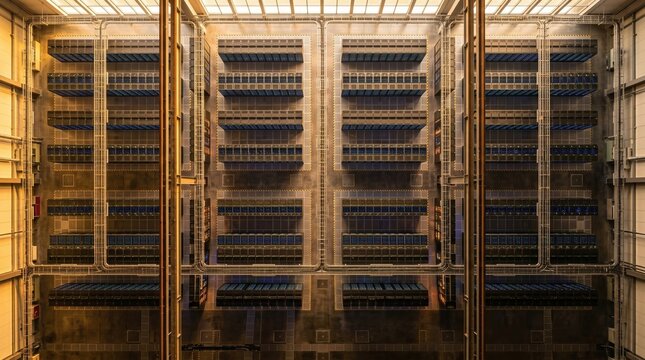 A view of a data center showing many server racks aligned in rows. The room has bright lighting and a clean layout designed for efficient data storage.