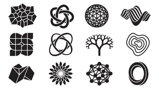 Abstract parametric and geometric vector designs featuring grids intricate shapes patterns and mathematical forms in black ideal for technology architecture and modern design projects
