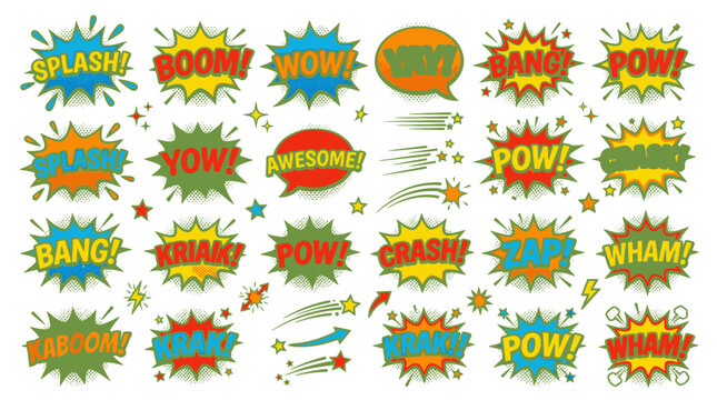 Colorful comic book explosion sound effects.