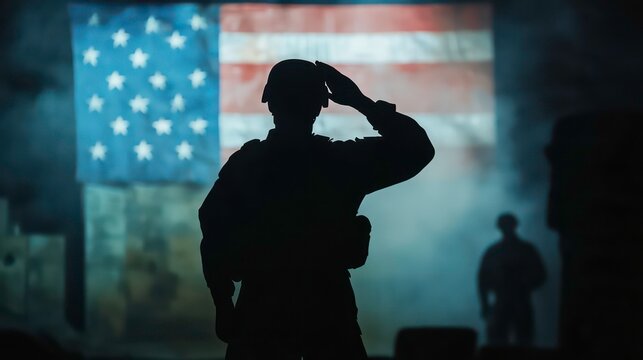 Silhouette of soldier saluting US flag. Military personnel show respect in front of national banner. Patriotic scene conveys honor, patriotism. National pride, tribute to military. Scene portrays