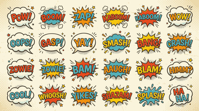 Comic book speech bubbles and sound effects.
