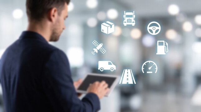 Businessman Analyzing Fleet Logistics on Tablet with Holographic Transit Dashboard, Smart Transportation Systems, Delivery Management, and Supply Chain Technology