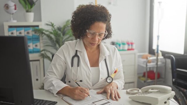 Woman doctor wearing white coat and stethoscope writing on clipboard at clinic, hand on paper and smiling while seated at desk; compassion.