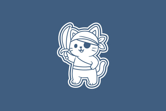 Cute white cartoon kitten wearing a pirate headband and an eye patch while holding a small sharp wooden sword toy