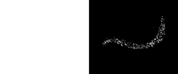 Obraz premium Sparkling silver glitter trail on black background, shimmering stardust wave, elegant glowing light particles for festive holiday design