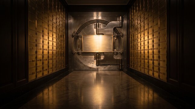 Blank brass plaque on bank vault door in deposit box room
