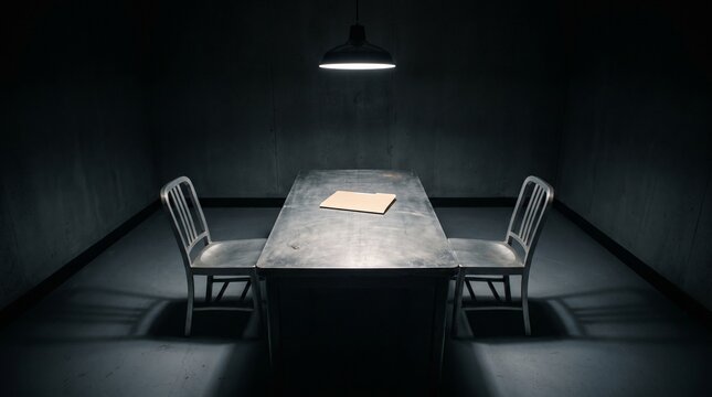 Interrogation room with metal table, folder and hanging lamp