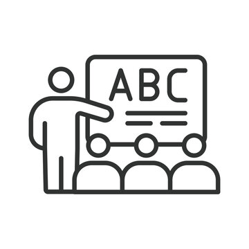 Language education icon in line design. Teacher, students, abc, learning, classroom, school, lesson, alphabet on white background vector. Teaching editable stroke icon.