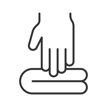 Laundry service icon in line design. Hand, clothes, textile, washing, cleaning, folded, fabric on white background vector. Garment care editable stroke icon.