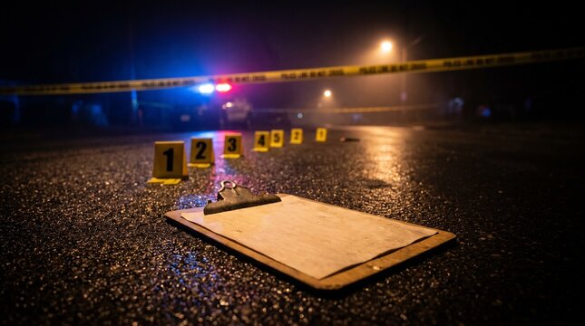 Crime scene clipboard with blank page, police lights behind