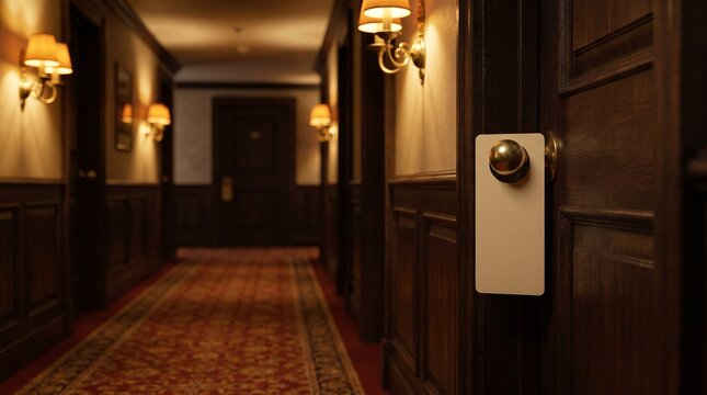 Blank door hanger on hotel room door in warm vintage hallway