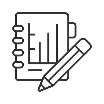 Business analytics icon in line design. Notebook, chart, pencil, report, data, graph, statistics on white background vector. Financial analysis editable stroke icon.