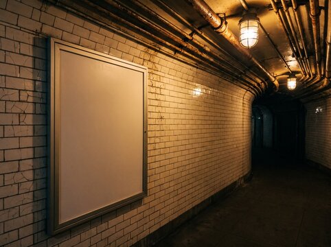 Blank poster case on tiled wall of old subway tunnel