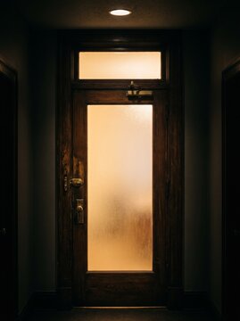 Frosted glass detective office door glowing at night