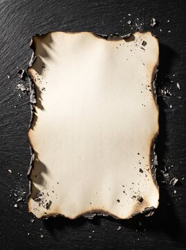Blank paper with burned edges on black slate, top view