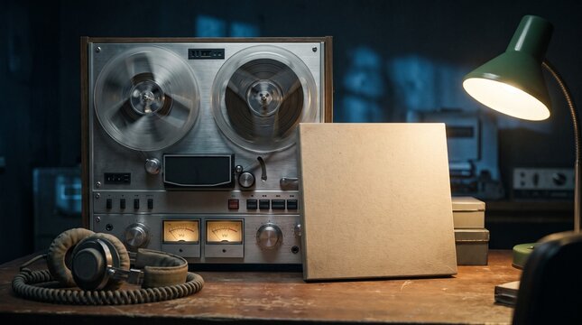 Reel to reel tape recorder with blank tape box on desk