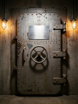 Blank metal plaque on riveted bunker blast door with lamps