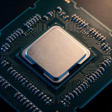 Blank silver processor chip on circuit board with blue tones