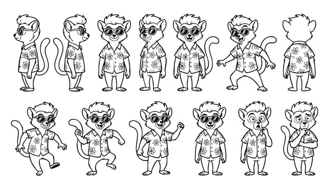 Cartoon Lemur Character Sheet Line Art for Coloring Book