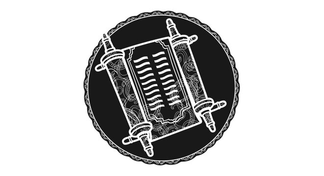 Graphic illustration of a Torah scroll within a circular emblem.