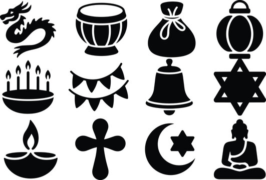 Religious symbols and cultural icons set collection featuring dragon, candle, bell, cross, crescent moon and buddha for holiday celebration and temple