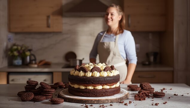Chocolate cake topped with cookies and cream cheese, adorned with shattered chocolate, on the kitchen counter.