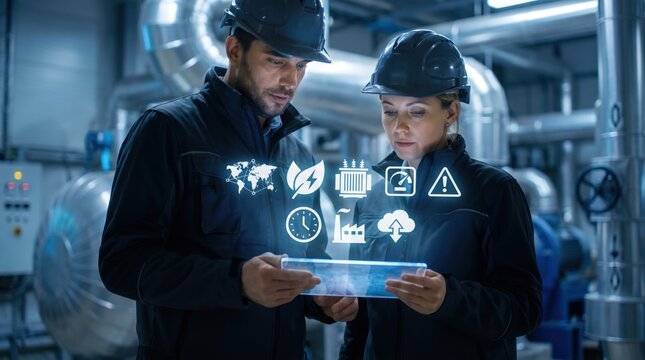 Power Plant Engineers Using Tablet with Smart Energy Grid Icons, Renewable Technology, Industrial Automation, Digital Monitoring, and Electrical Management Concepts