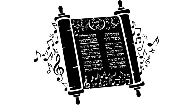 Black and white illustration of a Torah scroll with musical notes.