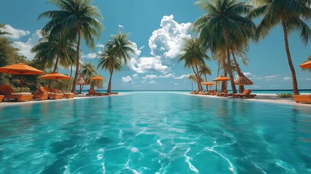 Tropical beach resort with palm trees and infinity pool under blue sky