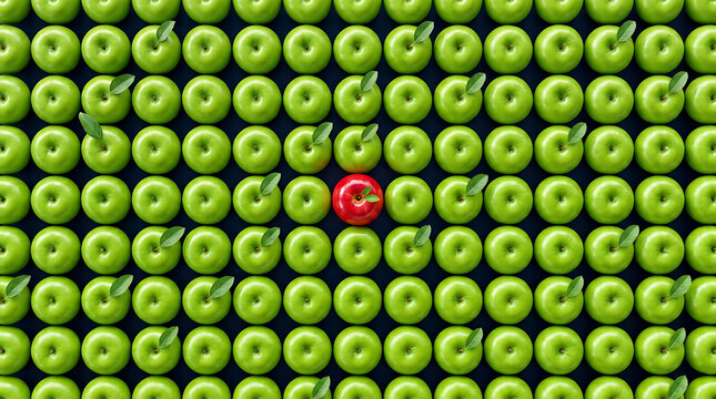 Vibrant red apple standing out among many fresh green apples representing uniqueness and individuality