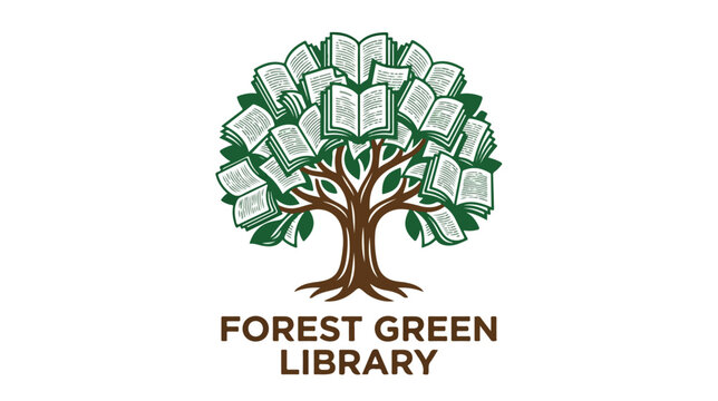 Forest Green Library logo design featuring a tree made of open books.