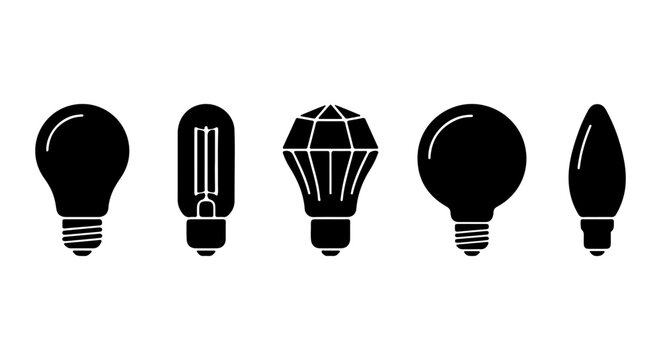 Diverse LED Light Bulb Silhouettes, Modern Illumination Icons, Energy Saving Lighting Vector Set