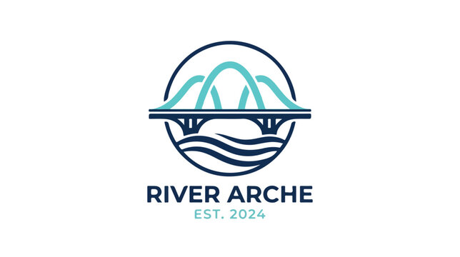 Minimalist circular bridge logo design with flowing river water symbol.