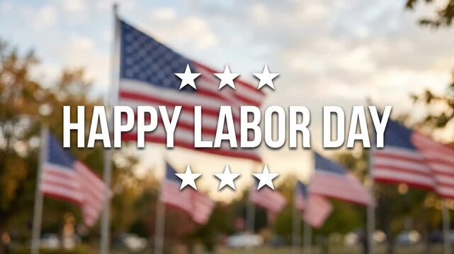Happy Labor Day text overlay with American flags in an autumn park