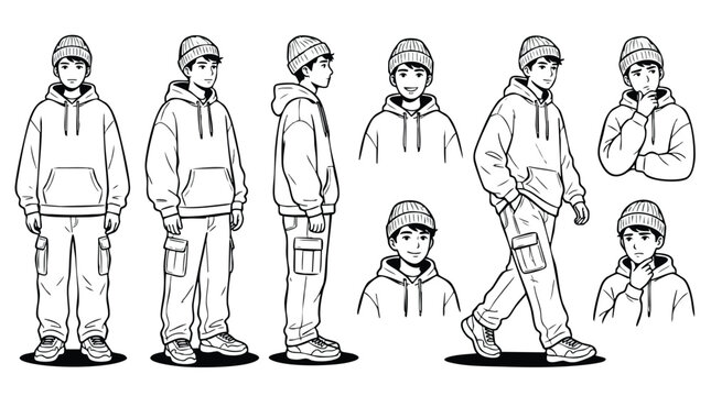 Consistent Anime Style Male Character Reference Sheet Vector Line Art