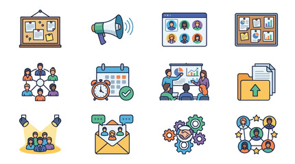 Creative Colorful Set of 12 Business Communication and Teamwork Concept Icons with high quality professional line art symbols for modern creative design and digital branding projects © iwan