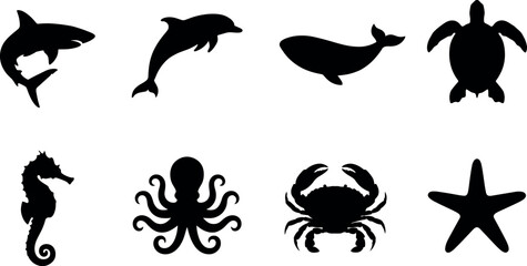Fototapeta premium Silhouette Collection of Marine Animals Including Shark Dolphin Whale Turtle and More