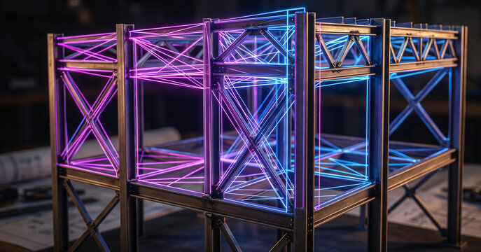 Isometric 3D industrial steel framework model projecting glowing neon abstract load tolerance matrices