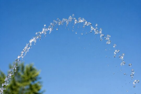 parabola. Graceful parabolic arc of a water fountain jet against a clear blue sky with glinting sunlight. lifestyle magazines.