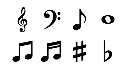 Fototapeta premium Musical Notation Icons, Treble Clef, Bass Clef, Notes, Sharps, Flats, Vector Elements