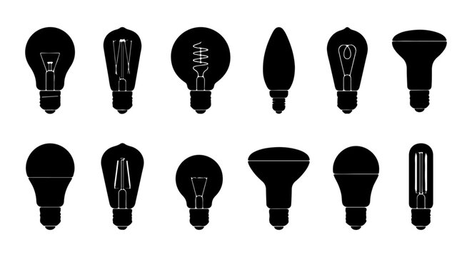 Retro Edison Bulb Collection, Vintage Filament Lamp Icons, Modern LED Lightbulb Set, Black Silhouette Vector Elements