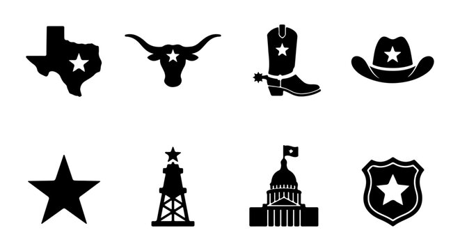 Texas Icons Collection: State Map, Longhorn, Cowboy Boot, Hat, Star, Oil Derrick, Capitol Building, Badge