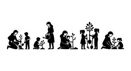 Obraz premium Family Planting Trees Vector Icons, Mother and Child Gardening, Eco-Friendly Lifestyle, Nature Conservation