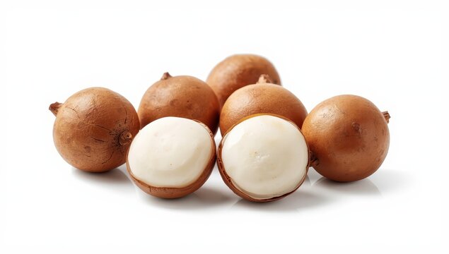 New water chestnuts, round brown corms with crunchy white interior, set against a clean white backdrop.