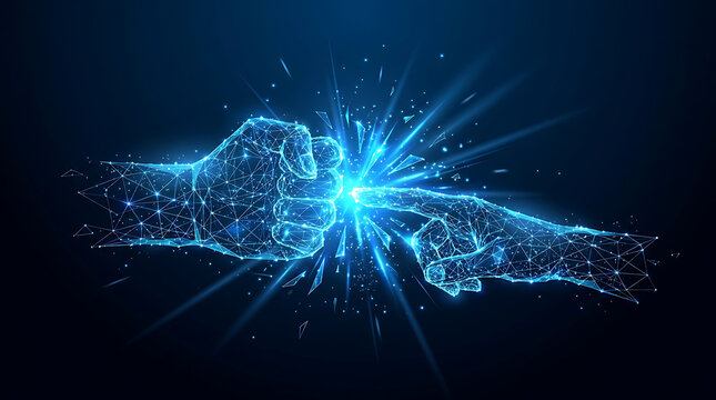 Digital wireframe hands meeting with energy burst for secure wireless signal and network connectivity