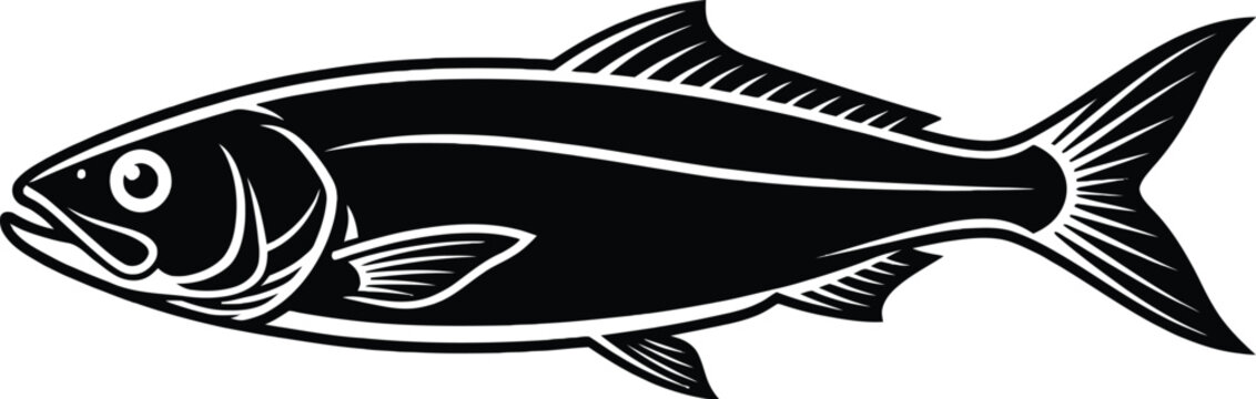 Fish Silhouette Black And White Vector Illustration On Transparent Background