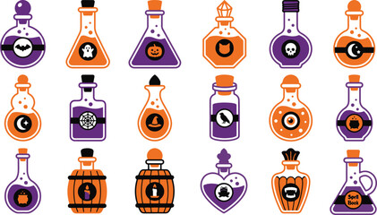 A collection of illustrated Halloween magic potion bottles and flasks featuring spooky icons like ghosts, bats, pumpkins, and skulls in orange and purple. © nahidsultana