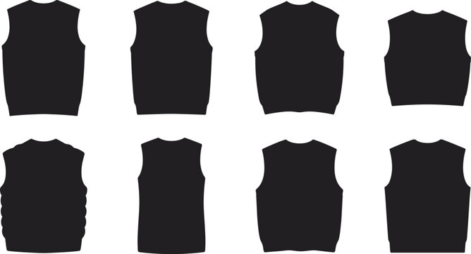 Black Sleeveless Shirt Silhouette Collection Set Isolated Apparel Template Vector