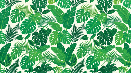 Fototapeta premium Seamless Tropical Jungle Botanical Pattern with Vibrant Green Monstera and Palm Leaves for Elegant Textile and Wallpaper Surface Design