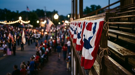 Fototapeta premium Red white and blue bunting draped on wooden bleachers at a summer parade
